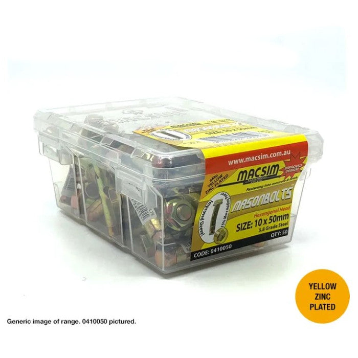 Macsim Hex Head MasonBolt / AnchorBolt Yellow Zinc Plated - Various Sizes and Quantities