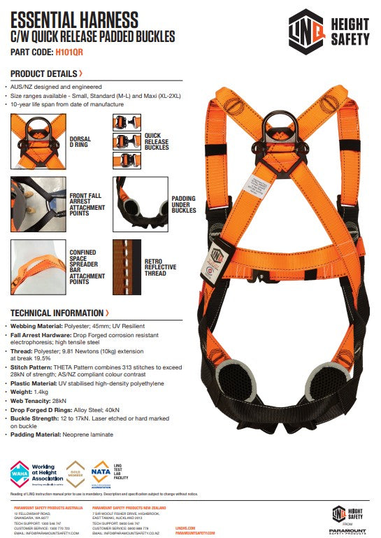 Linq Essential Height Safety Harness with Quick Release Buckle - 2 Size Options