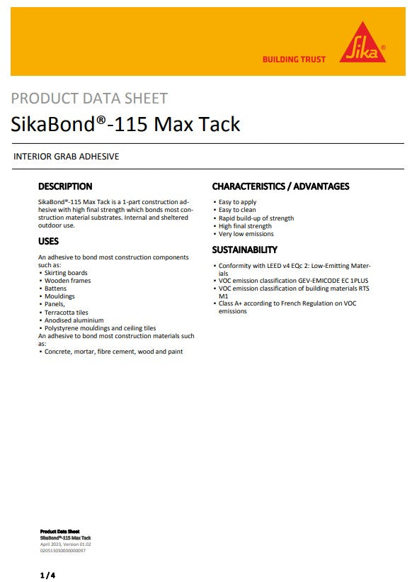 SikaBond-115 Max Tack Adhesive Sausages and Cartridges - Box of 12