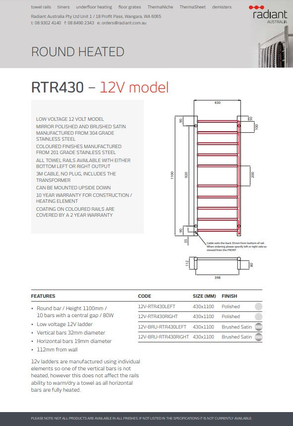Radiant LOW Voltage Heated Towel Rail (12V-RTR430) 430mm x 1100mm - 10 bars (ROUND) - Multiple Colour Finishes