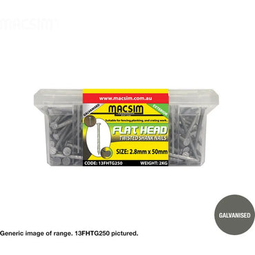 Flat Head Twisted Shank Galvanised Nails - diameter x length x box weight