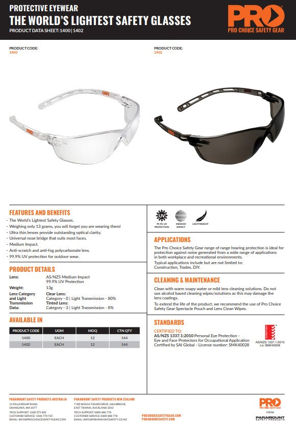 Pro Choice Worlds Lightest Safety Glasses - 12 Pairs in 2 Lens Colour Options
