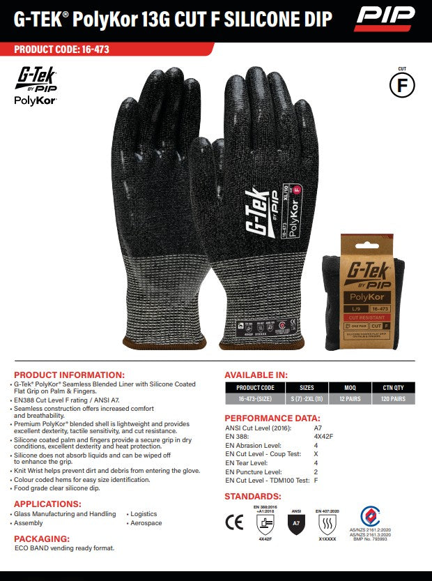 G-Tek PolyKor 13G Cut F Silicone Dip Gloves - 1, 6 or 12 Pairs in 5 Size Options