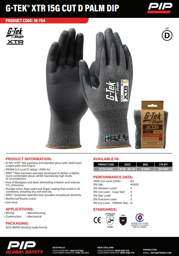 G-Tek Xtr 15G Cut D Palm Dip Gloves - 1, 6 or 12 Pairs in 7 Size Options