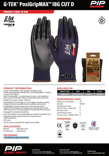 G-Tek Posigripmax 18G Cut D Gloves - 1, 6 or 12 Pairs in 7 Size Options