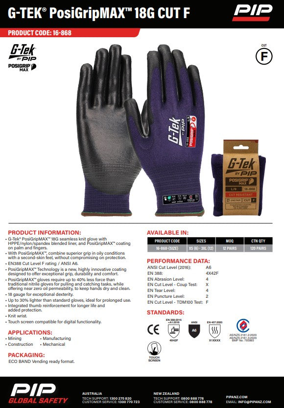 G-Tek Posigripmax Cut F Gloves - 1, 6 or 12 Pairs in 7 Size Options