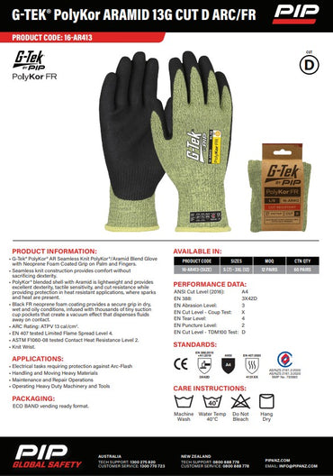 G-Tek PolyKor ARAMID 13G Cut D ARC/FR Gloves - 1, 6 or 12 Pairs in 6 Size Options
