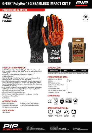G-Tek PolyKor 13G Seamless Impact Cut F Gloves - 1, 6 or 12 Pairs in 6 Size Options