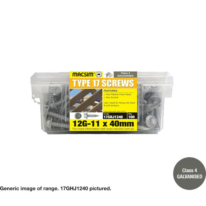 Type 17 Macsim Hex Head Screws Galvanised - Various Sizes, Quantities with Neoprene Washer Option