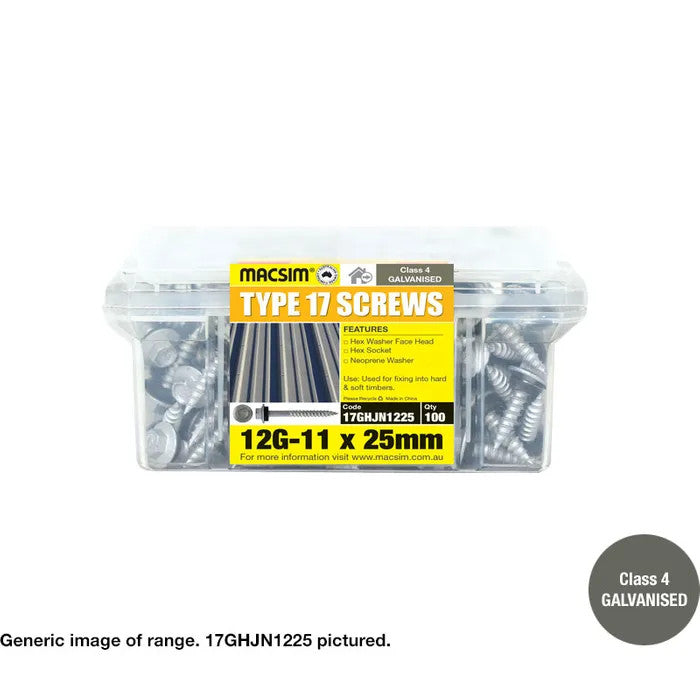 Type 17 Macsim Hex Head Screws Galvanised - Various Sizes, Quantities with Neoprene Washer Option