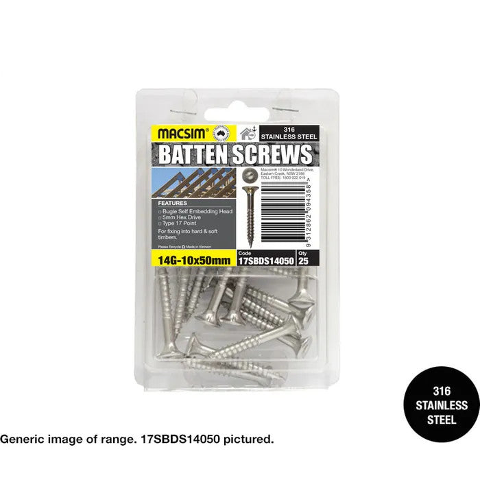 Macsim Type 17 Batten Screw (Hex Drive) 316 Stainless Steel 14G - Various Sizes & Quantities