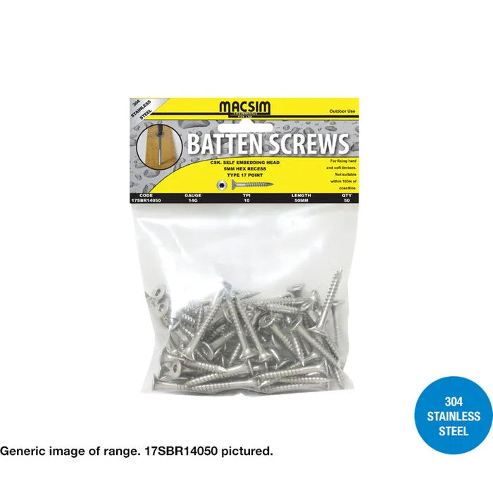 Macsim Type 17 Batten Screws (Hex Drive) 304 Stainless Steel 14G - Various Sizes and Quantities