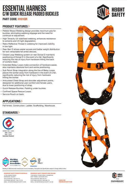 Linq Essential Height Safety Harness with Quick Release Buckle - 2 Size Options