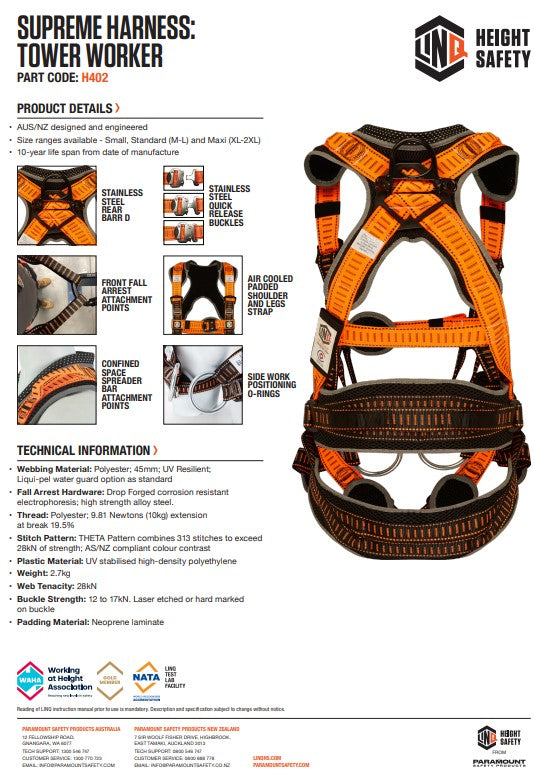 Linq Supreme Edi Tower Worker Harnesses - 3 Size Options
