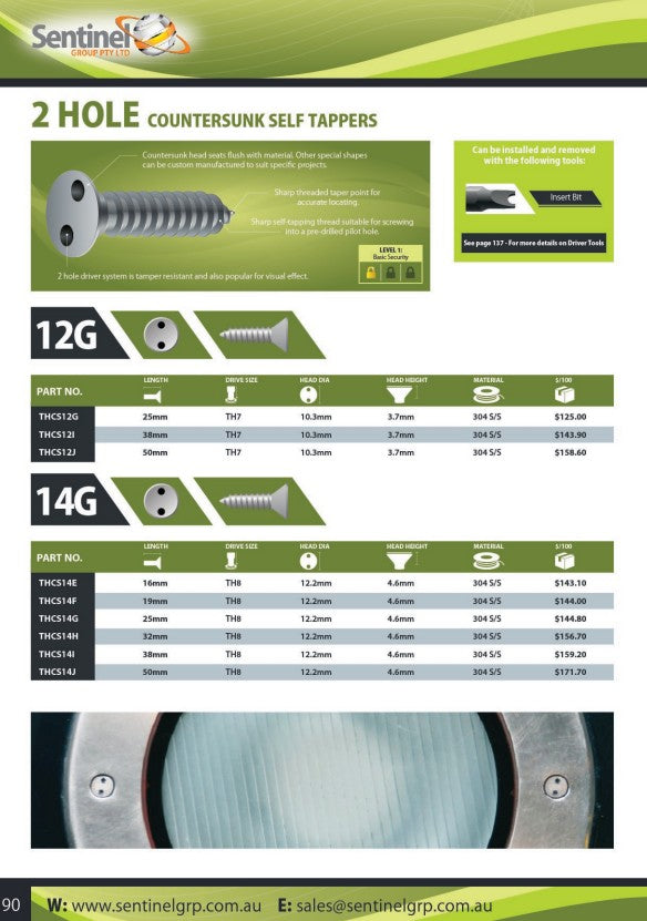 Two Hole Countersunk Self Tapping 304 Stainless Steel Screw Box of 100 - in Various Gauges and Lengths