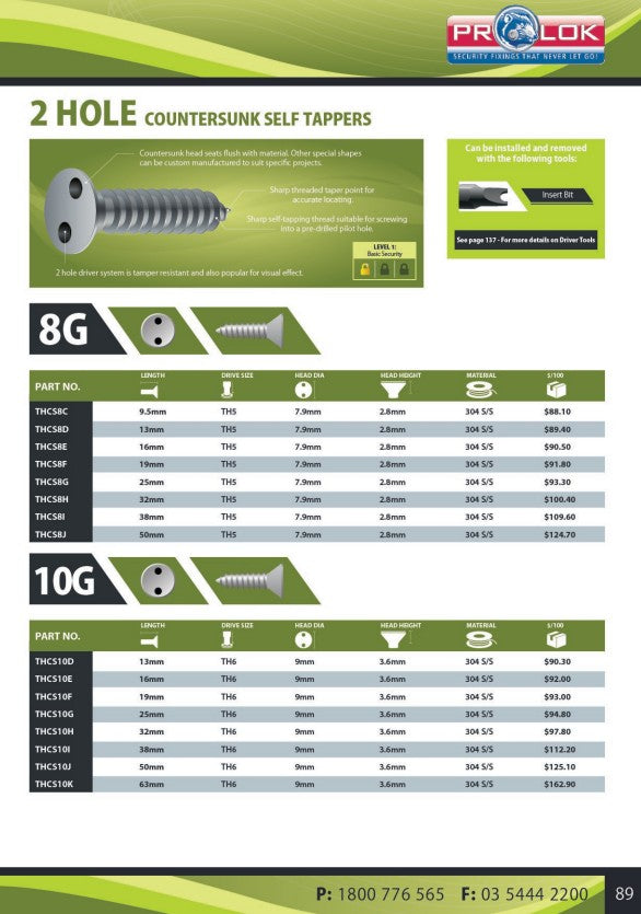 Two Hole Countersunk Self Tapping 304 Stainless Steel Screw Box of 100 - in Various Gauges and Lengths