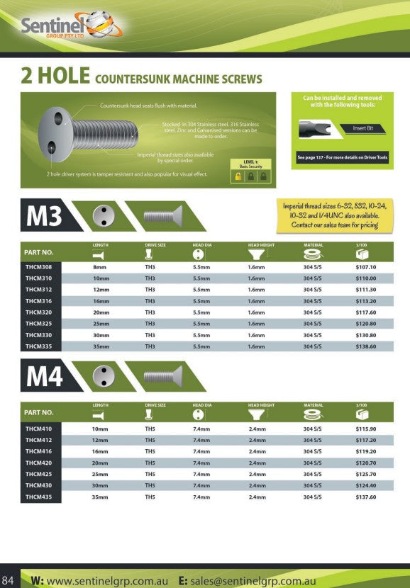 Two Hole Countersunk 304 Stainless Steel Machine Screw Box of 100 - in Various Metric Sizes and Lengths