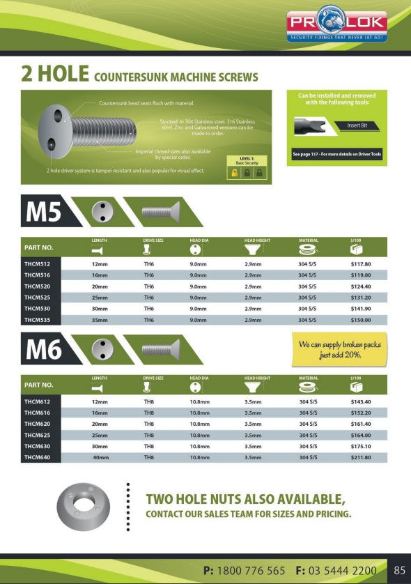 Two Hole Countersunk 304 Stainless Steel Machine Screw Box of 100 - in Various Metric Sizes and Lengths