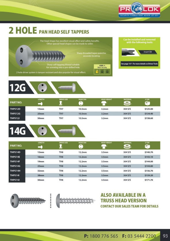 Two Hole Pan Head 304 Stainless Steel Self Tapping Screw Box of 100 - in Various Gauges and Lengths