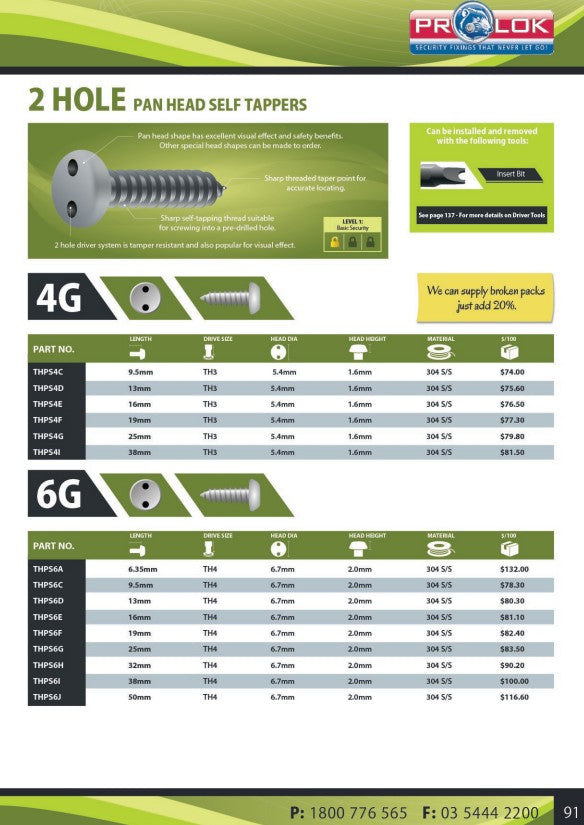 Two Hole Pan Head 304 Stainless Steel Self Tapping Screw Box of 100 - in Various Gauges and Lengths