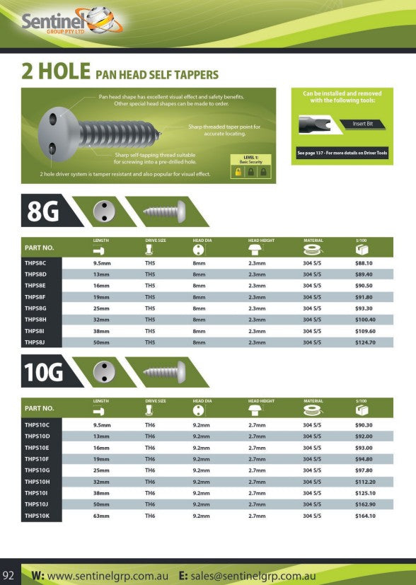 Two Hole Pan Head 304 Stainless Steel Self Tapping Screw Box of 100 - in Various Gauges and Lengths