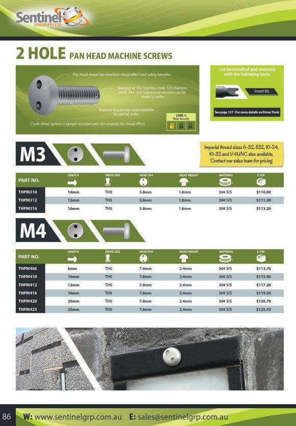 Two Hole Pan Head 304 Stainless Steel Machine Screw Box of 100 - in Various Metric Sizes and Lengths