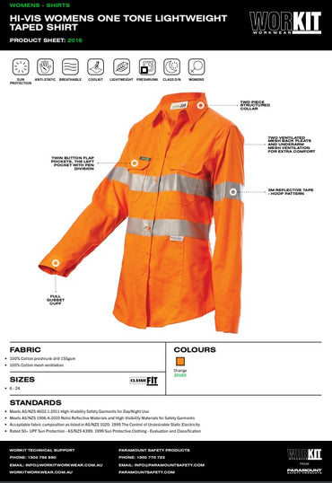 Hi-Vis Womens Lightweight Taped Shirt - size 12