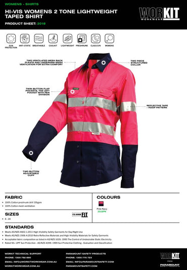 Hi-Vis Women'S 2 Tone Lightweight Taped Pink & Navy Shirt - various sizes