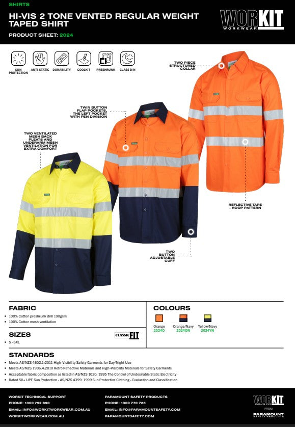 Hi-Vis 2 Tone Vented Regular Weight Taped Shirt - Various Colours and Sizes