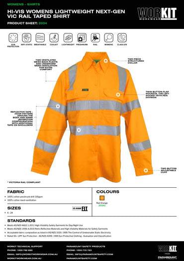 Hi-Vis Womens Lightweight VIC Rail Taped Shirt - Various Sizes