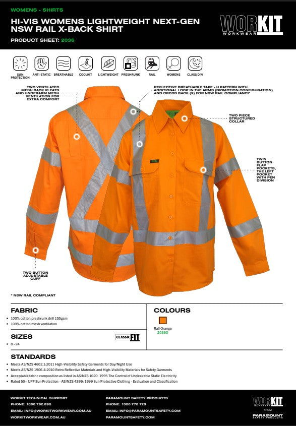 Hi-Vis Womens Lightweight NSW Rail Taped Shirt - Various Sizes