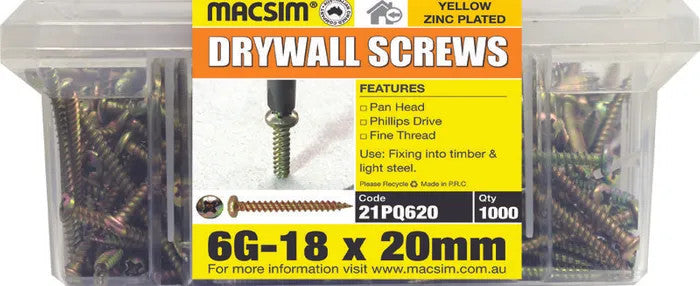 Macsim Pan Head Drywall Screws Yellow Zinc Plated - Various Size and Quantities