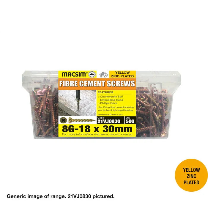 Macsim Countersunk Fibre Cement Screws - Tub of 500 - Various Sizes in Galvanised or Yellow Zinc Plated