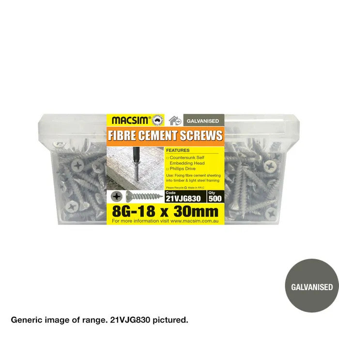Macsim Countersunk Fibre Cement Screws - Tub of 500 - Various Sizes in Galvanised or Yellow Zinc Plated