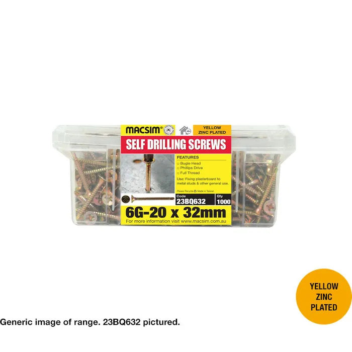 Macsim Bugle Head Self Drilling Screws (Phillips Drive) Yellow Zinc Plated - Various Size and Quantities