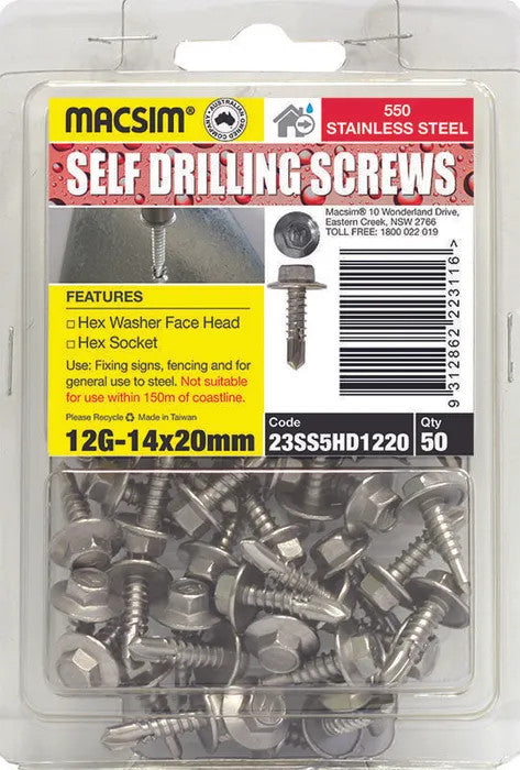 Macsim Hex Washer Face Self Drilling Screw with Neoprene Washer 550 Grade Stainless Steel - 10G x 25mm - Pack of 50 (RUN OUT)