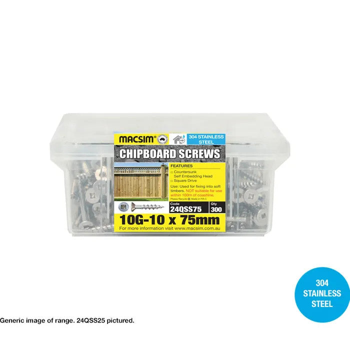 Macsim Chipboard Screws (Square Drive) 304 Stainless Steel - Various Sizes and Quantities