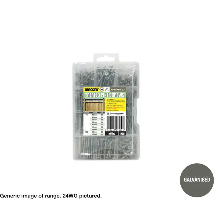 Macsim Chipboard Screws (Phillips Drive) - Tub of 270 ASSORTED SIZES - Available in Yellow Zinc Plated or Galvanised