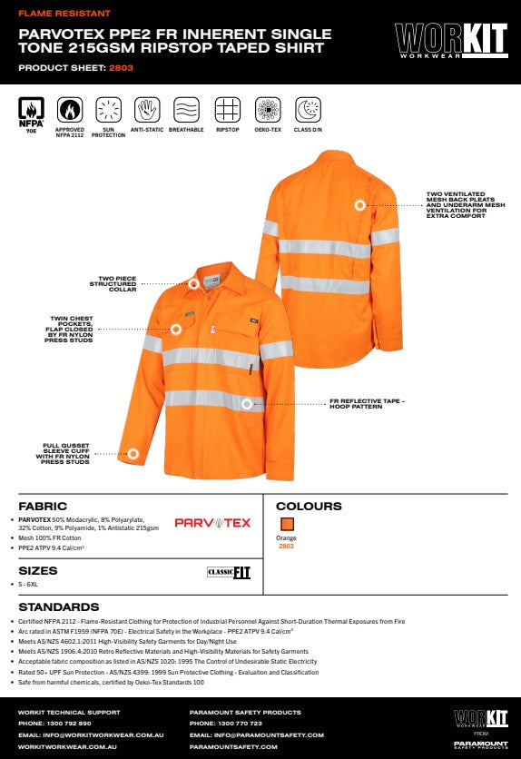 Parvotex PPE2 FR Inherent Single Tone 215Gsm Ripstop Taped Shirt - in limited sizes