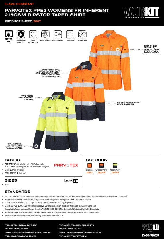 Parvotex PPE2 Womens FR Inherent 215Gsm Ripstop Taped Shirt 3 colour options limited sizes