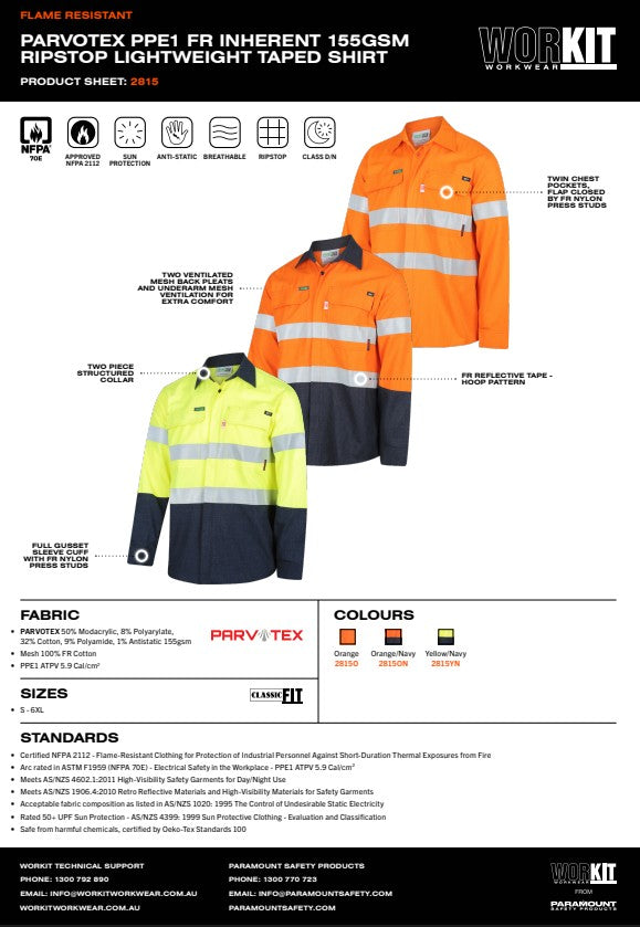 Parvotex PPE1 FR Inherent 155Gsm Ripstop Lightweight Taped Shirt 3 colour options limited sizes