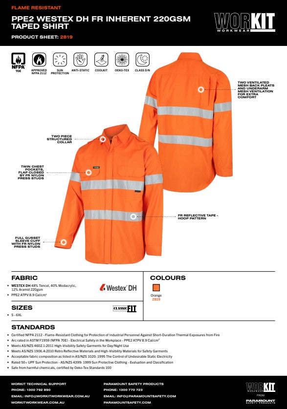 PPE2 Westex DH FR Inherent 220Gsm Taped Orange Shirt limited sizes