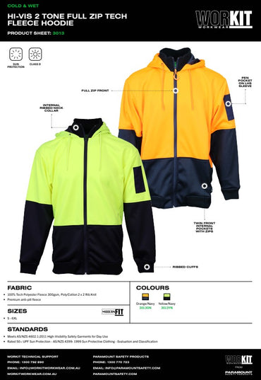 Hi-Vis 2 Tone Full Zip Tech Fleece Hoodie-Orange & Navy in Various Sizes