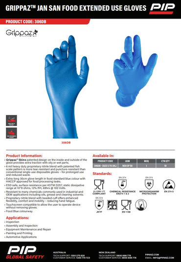 Grippaz Jan San Food 6Mil 30cm Extended Use Gloves - 50 Pieces in 6 Size Options
