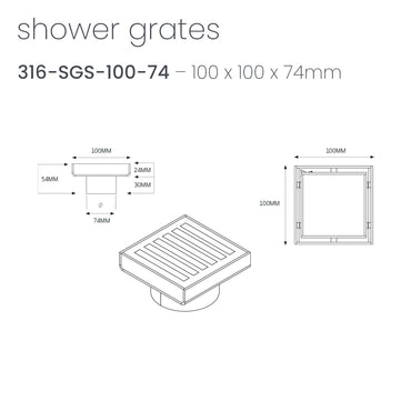 Radiant Brushed Satin Square Slotted Floor Grate - 100mm x 100mm x Outlet Diameter