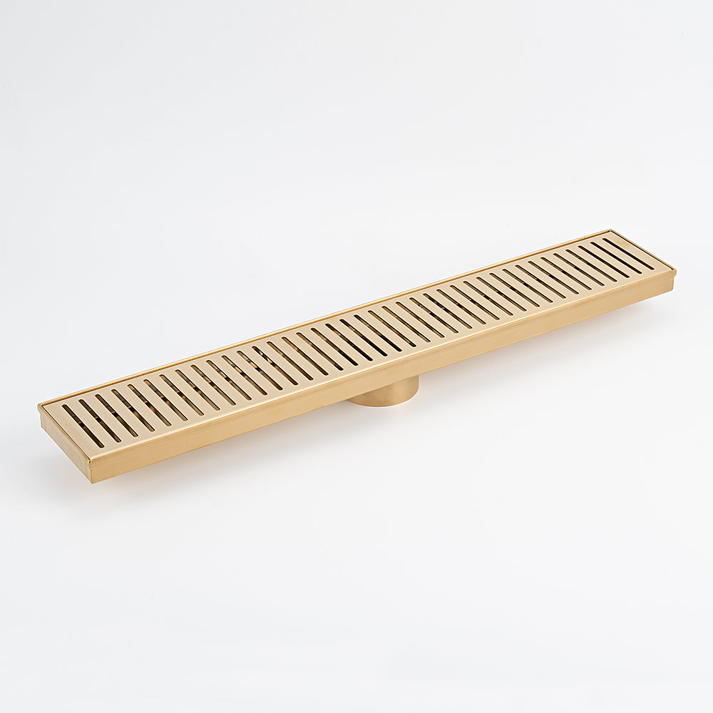 Radiant Brushed Gold Linear Slotted Floor Grate 100mm x Various Lengths in 2 Outlet Sizes
