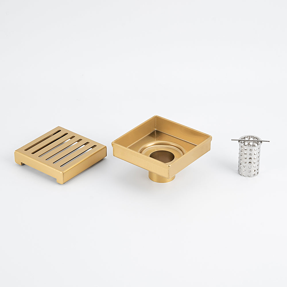 Radiant Brushed Gold Square Slotted Floor Grate 100mm x 100mm in 2 Outlet Sizes