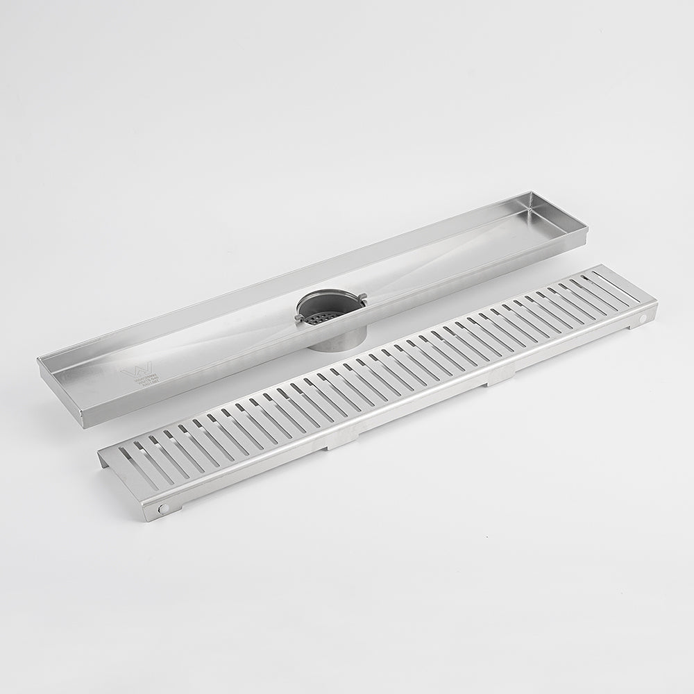 Radiant Brushed Satin Linear Slotted Floor Grate 100mm x Various Lengths in 3 Outlet Sizes