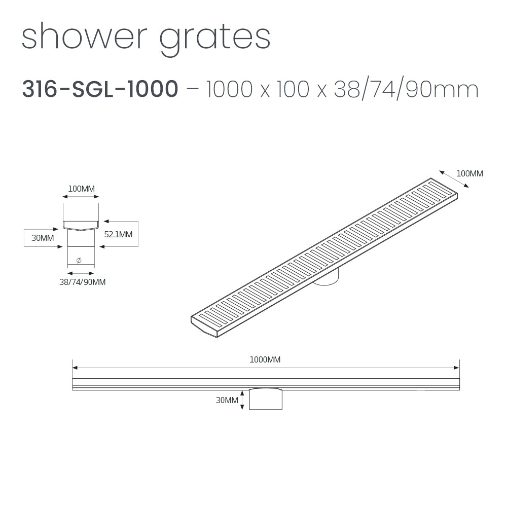 Radiant Brushed Satin Linear Slotted Floor Grate 100mm x Various Lengths in 3 Outlet Sizes