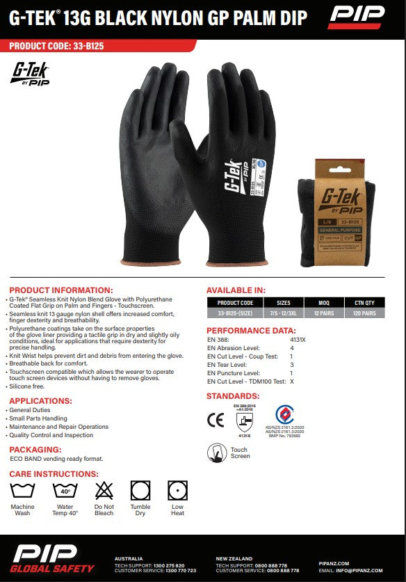 G-Tek 13G Black Nylon GP Palm Dip Gloves - 12 Pairs in 6 Size Options